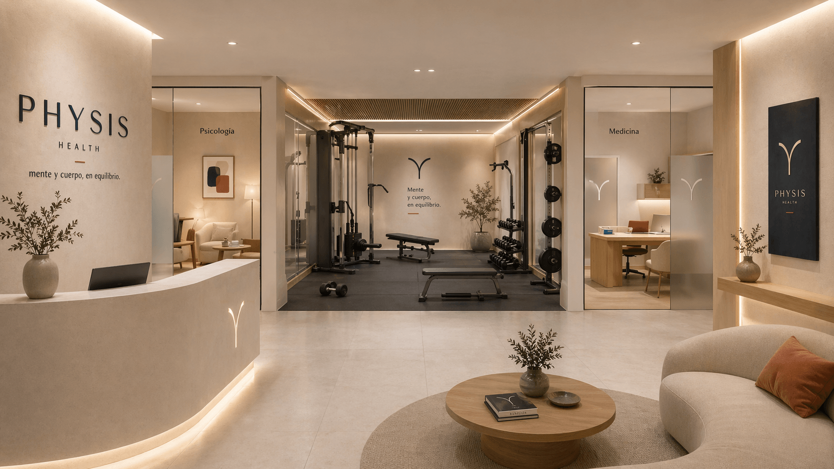 Centro Physis con recepcion, consultas y zona de movimiento